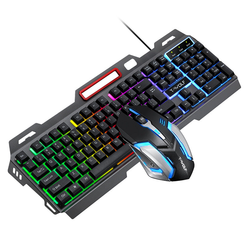 Metal panel luminous computer keyboard and mouse set game colorful backlight mechanical feel belt bracket