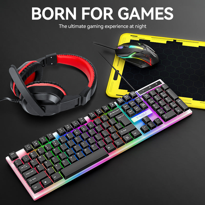 Cost-effective TF240 keyboard, mouse, earphones, mouse pad, four-piece set, luminous game keyboard and mouse