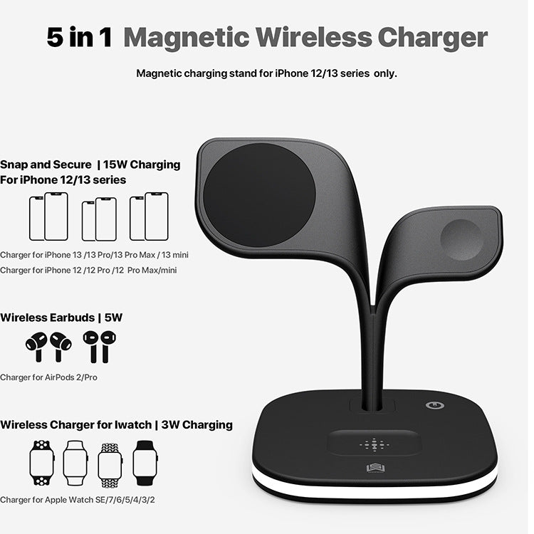Magnetic three-in-one fast charging wireless charging. Bedside night light, desktop mobile phone, earphones, watch, wireless charger.