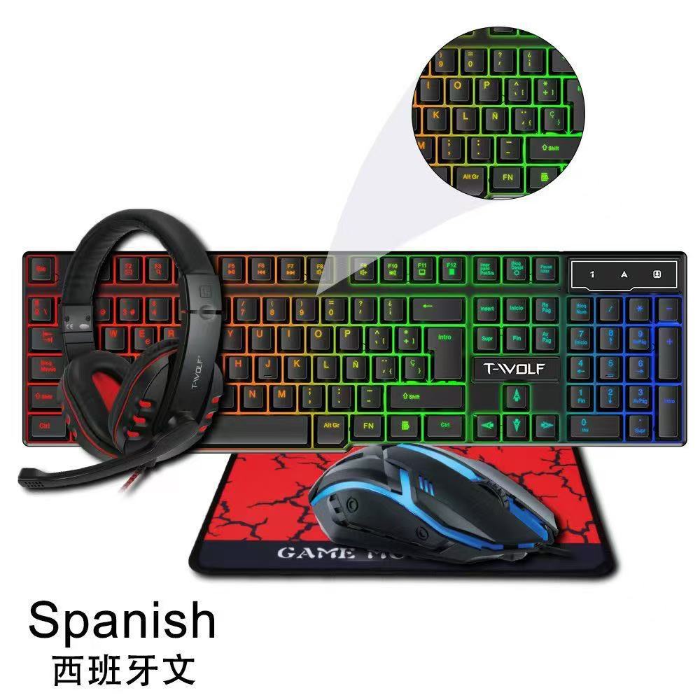 TF800 keyboard and mouse set, earphone four-piece set, game digital luminous Russian, Amazon, Spain