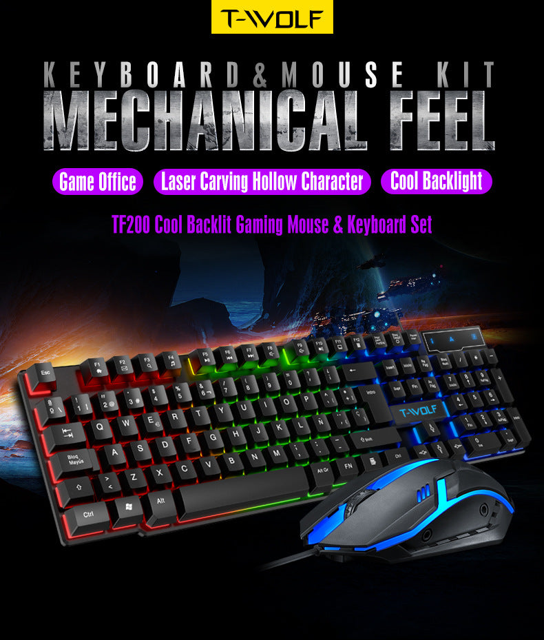 TF200 Luminous Gaming Office Wired Keyboard Mouse Set Spanish Arabic Russian