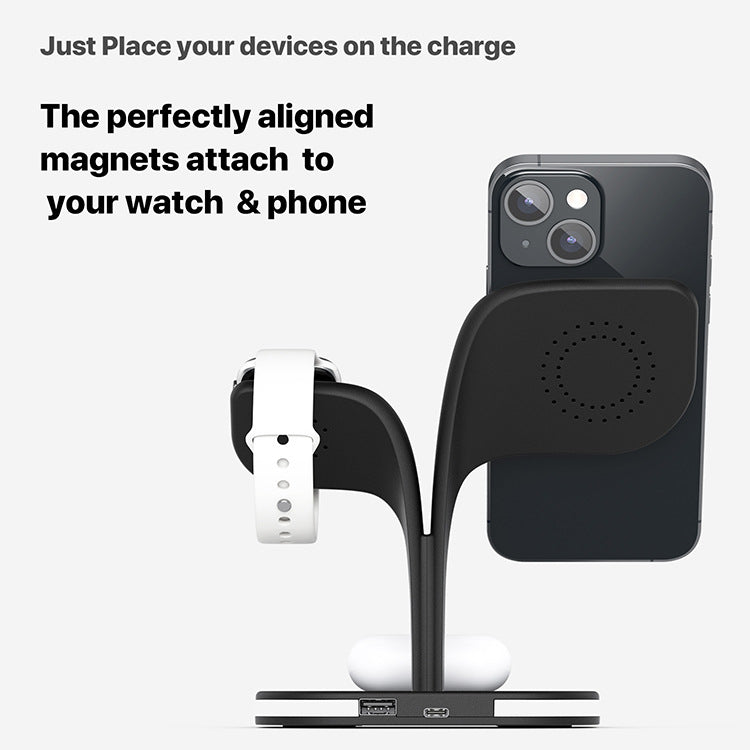 Magnetic three-in-one fast charging wireless charging. Bedside night light, desktop mobile phone, earphones, watch, wireless charger.