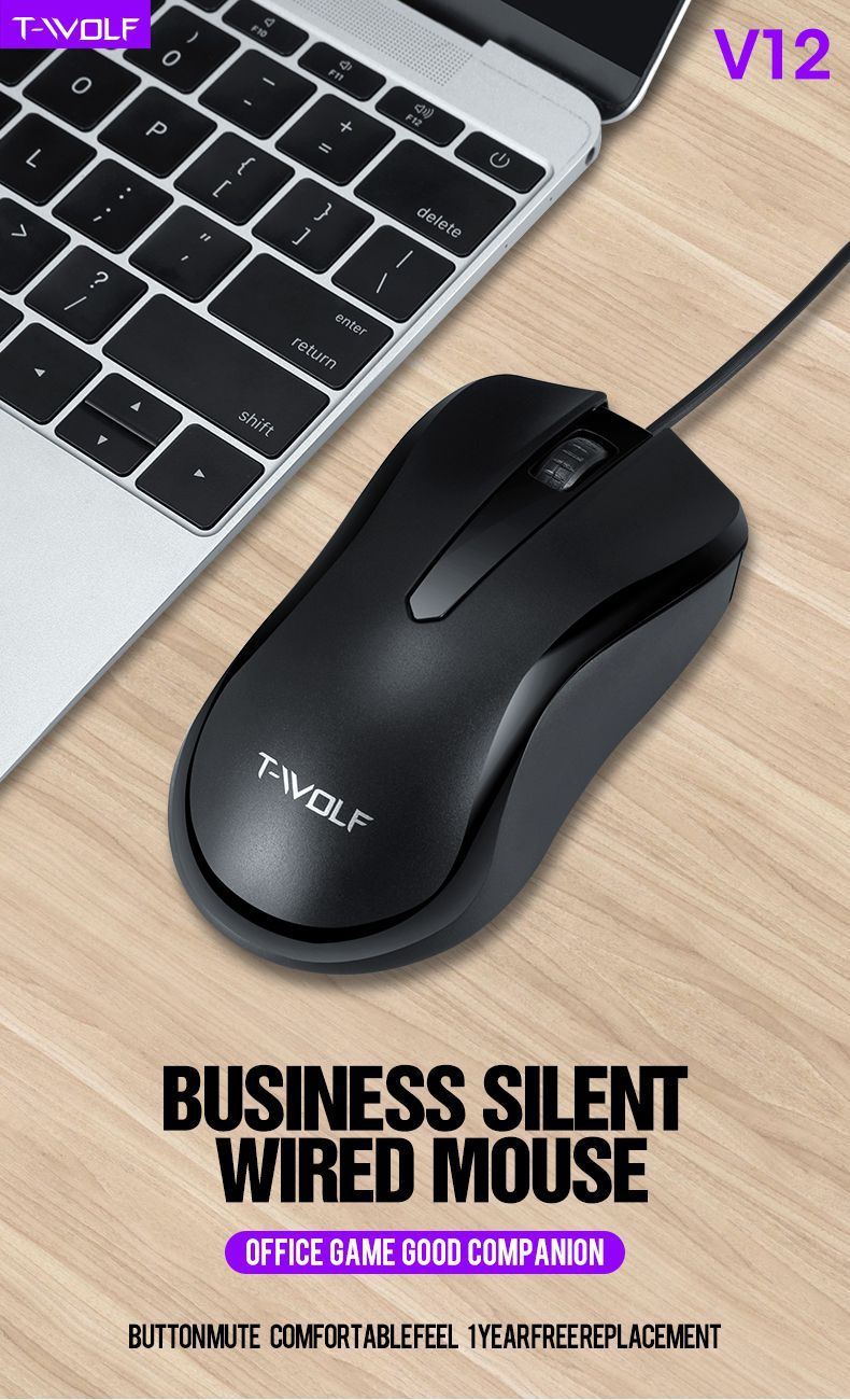 V12 Wired Mouse Classic Laptop Desktop USB Business Office Silent Extended Cable Silent