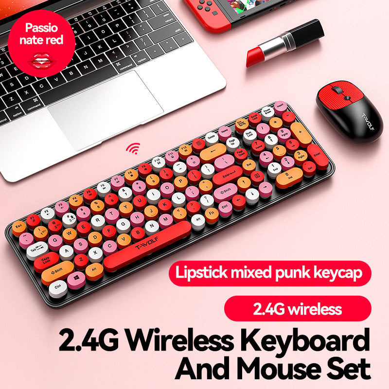 Wireless bluetooth keyboard and mouse set TF350 cross-border office girl punk lipstick retro cute keyboard