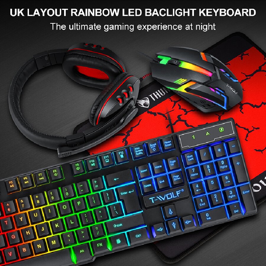 TF800 keyboard and mouse set, earphone four-piece set, game digital luminous Russian, Amazon, Spain