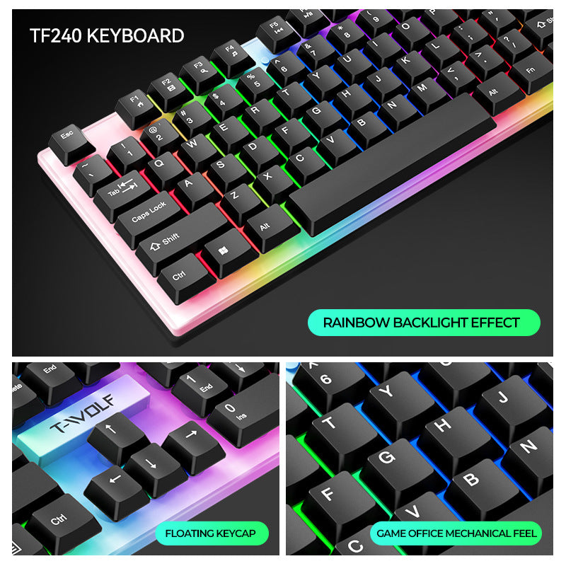 Cost-effective TF240 keyboard, mouse, earphones, mouse pad, four-piece set, luminous game keyboard and mouse