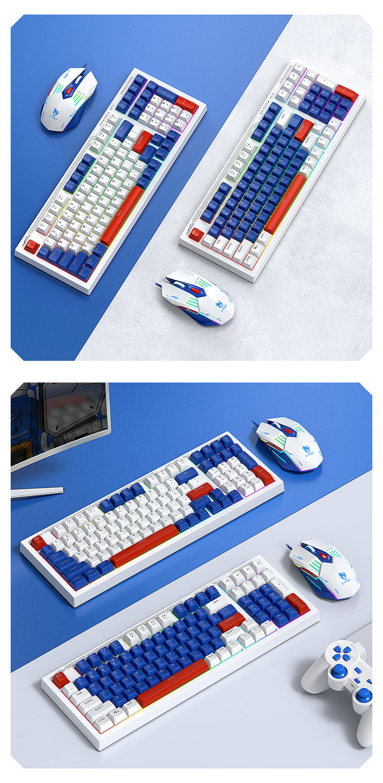 Wired Luminous Gaming Keyboard Mouse Set Mecha Blue Customized Russian Thai Spanish