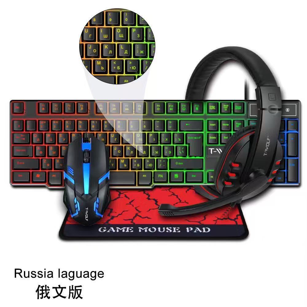 TF800 keyboard and mouse set, earphone four-piece set, game digital luminous Russian, Amazon, Spain