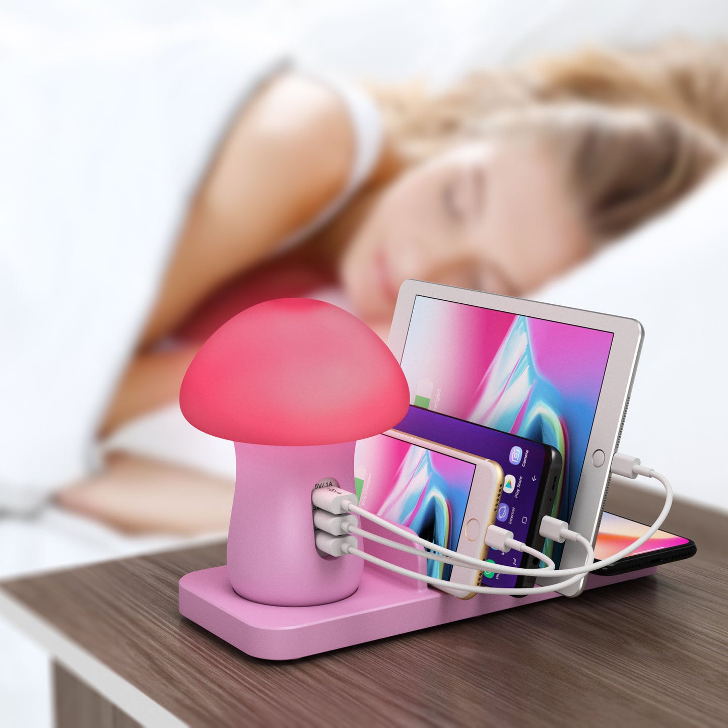 Popular bedside lamp mobile phone wireless charging bracket multi-port USB charging base pink mushroom lamp smart