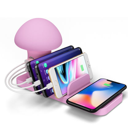 Popular bedside lamp mobile phone wireless charging bracket multi-port USB charging base pink mushroom lamp smart