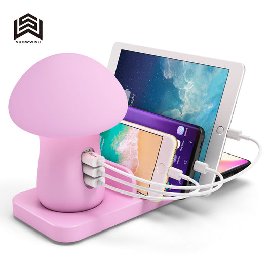 Popular bedside lamp mobile phone wireless charging bracket multi-port USB charging base pink mushroom lamp smart