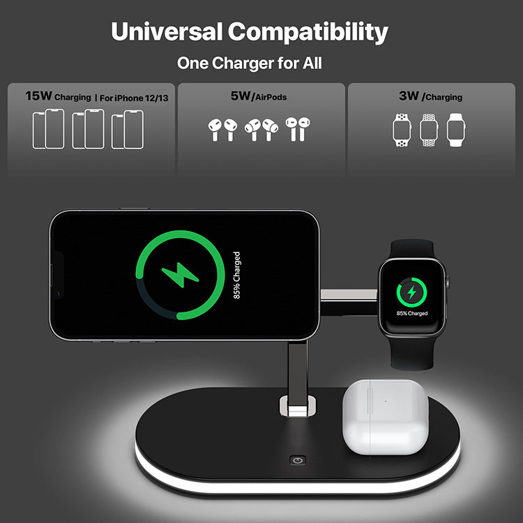 3-in-1 magnetic wireless charger for iPhone16/15 Apple Watch earphones with night light