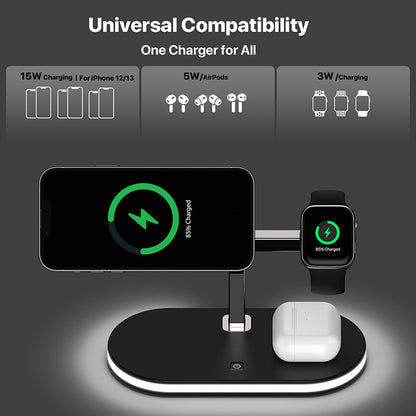 3-in-1 magnetic wireless charger for iPhone16/15 Apple Watch earphones with night light