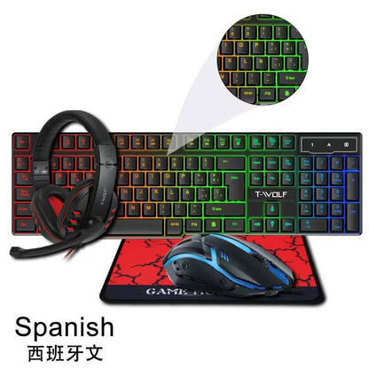 TF800 keyboard and mouse set, earphone four-piece set, game digital luminous Russian, Amazon, Spain