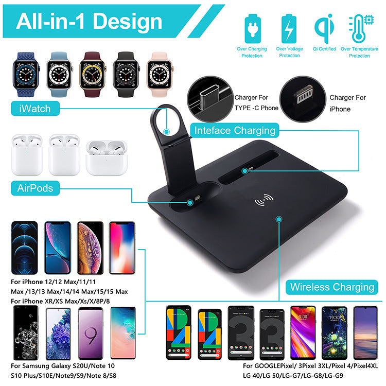 Mobile phone 4-in-1 wireless charger, mobile phone earphones, watch holder 15W fast charging, desktop phone charging holder
