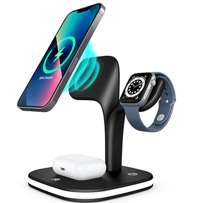 Magnetic three-in-one fast charging wireless charging. Bedside night light, desktop mobile phone, earphones, watch, wireless charger.