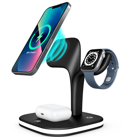 Magnetic three-in-one fast charging wireless charging. Bedside night light, desktop mobile phone, earphones, watch, wireless charger.