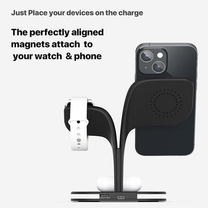 Magnetic three-in-one fast charging wireless charging. Bedside night light, desktop mobile phone, earphones, watch, wireless charger.